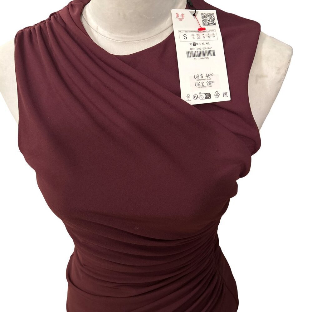 Zara Women's Sleeveless Ruched Bodice Dress Minimalism Deep Plum Size Small - Picture 4 of 6